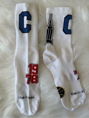 Calvin Klein Rare White Crew Socks with Blue 'C’ & ‘1978’ Skyscraper Graphics